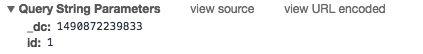Screenshot of DevTools showing an AJAX request with a param of `id`