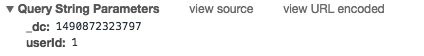 Screenshot of DevTools showing an AJAX request with a param of `userId`